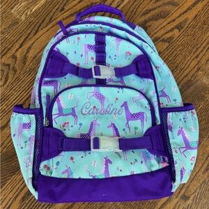 Pottery Barn Kids size Large girls backpack purple unicorns Caroline teal